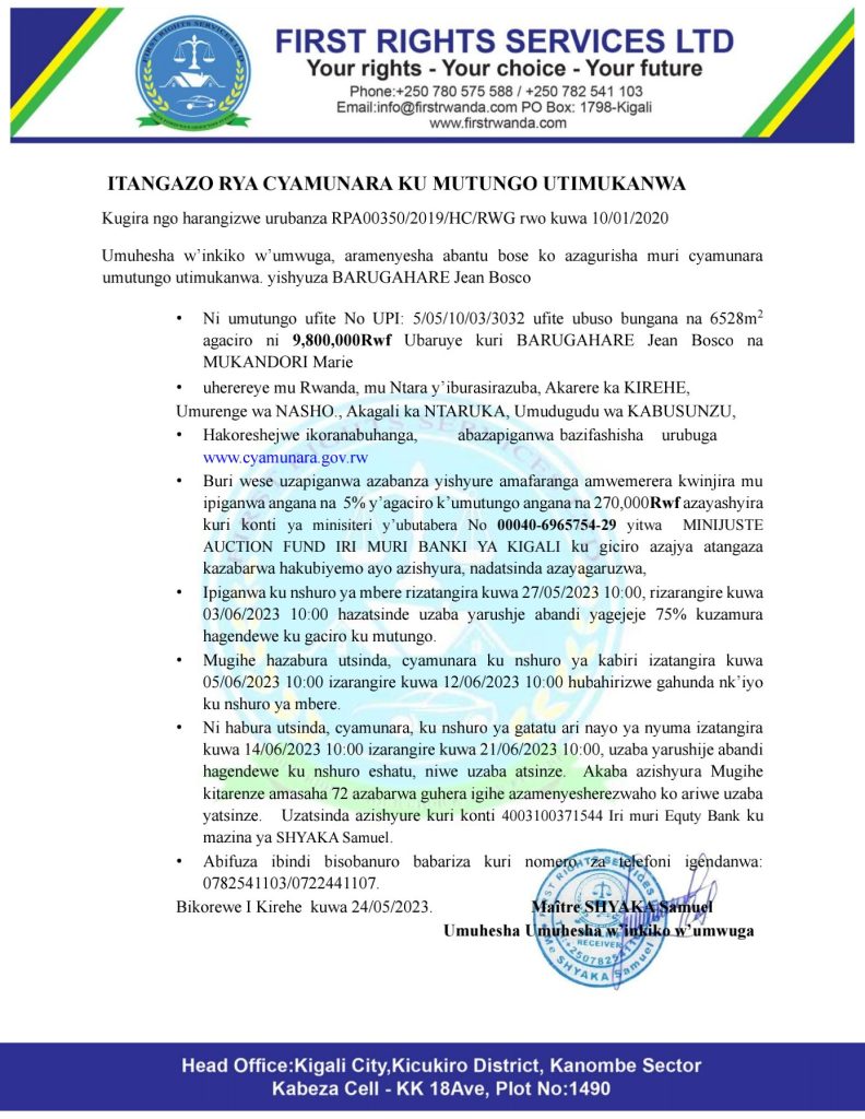 itangazo rya cyamunara y’umutungo utimukanwa – Ingenzinyayo
