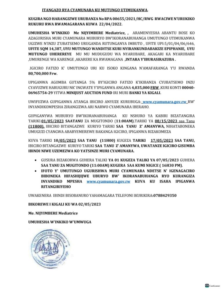 itangazo rya cyamunara y’umutungo utimukanwa – INGENZI NEWS PAPER