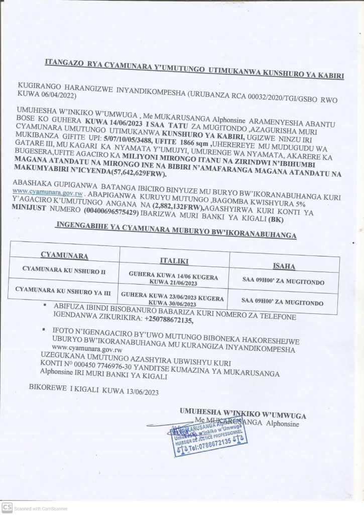 itangazo rya cyamunara y’umutungo utimukanwa ku nshuro ya kabiri ...