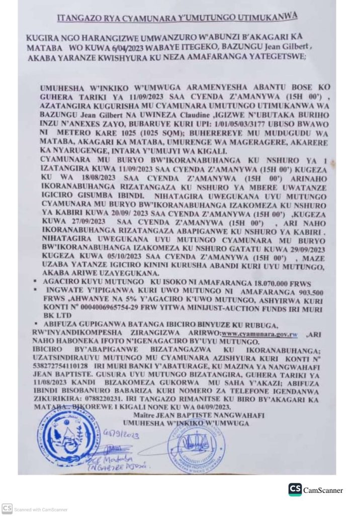 itangazo rya cyamunara y’umutungo utimukanwa – INGENZI NEWS PAPER