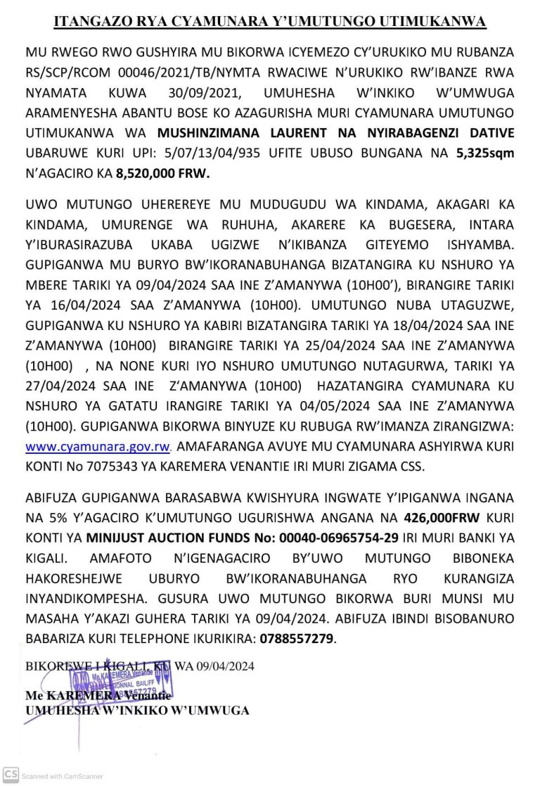 itangazo rya cyamunara y’umutungo utimukanwa – INGENZI NEWS PAPER