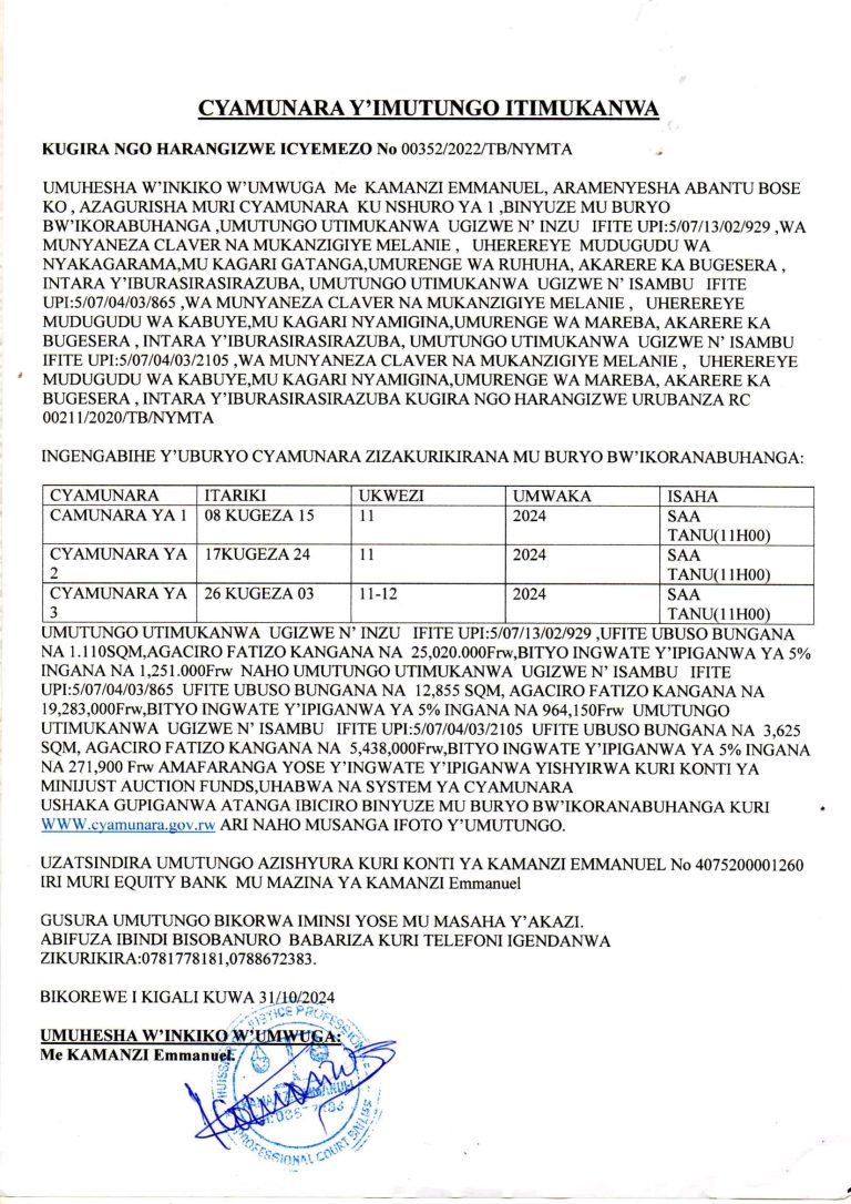 Itangazo rya cyamunara y’umutungo utimukanwa – INGENZI NEWS PAPER