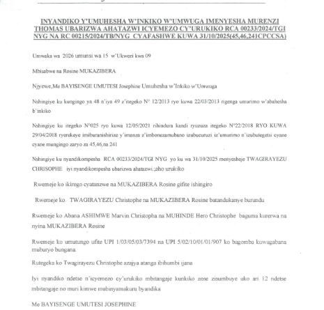 INYANDIKO Y’UMUHESHA W’INKIKO W’UMWUGA IMENYESHA MURENZI THOMAS UBARIZWAAHATAZWI ICYEMEZO CY’URUBANZA
