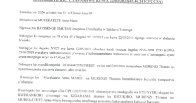 INYANDIKO Y’UMUHESHA W’INKIKO W’UMWUGA IMENYESHA MURENZI THOMAS UBARIZWAAHATAZWI ICYEMEZO CY’URUBANZA RC00444/2026/TB KIC CYAFASHWE KUWA 22/03/20022