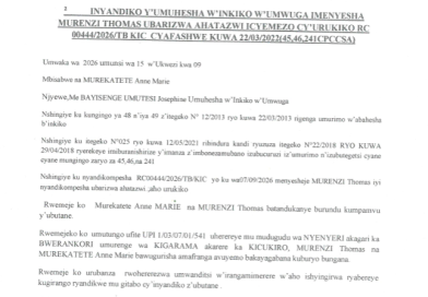 INYANDIKO Y’UMUHESHA W’INKIKO W’UMWUGA IMENYESHA MURENZI THOMAS UBARIZWAAHATAZWI ICYEMEZO CY’URUBANZA RC00444/2026/TB KIC CYAFASHWE KUWA 22/03/20022