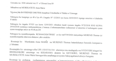 INYANDIKO Y’UMUHESHA W’INKIKO W’UMWUGA IMENYESHA MURENZI THOMAS UBARIZWA AHATAZWI ICYEMEZO CY’URUBANZA RC0044/2026/TB KIC CYAFASHWE KUWA 22/03/20022