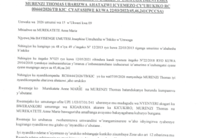 INYANDIKO Y’UMUHESHA W’INKIKO W’UMWUGA IMENYESHA MURENZI THOMAS UBARIZWA AHATAZWI ICYEMEZO CY’URUBANZA RC0044/2026/TB KIC CYAFASHWE KUWA 22/03/20022